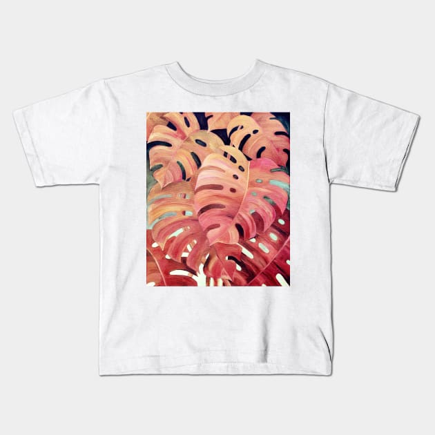 Monstera Love in Magenta and Coral - oil painting Kids T-Shirt by micklyn